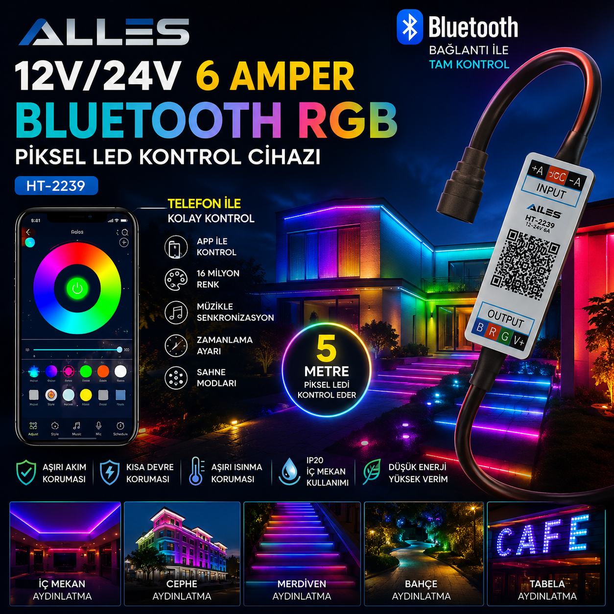 RGB Piksel led kontrol cihazı Bluethooth kontrollü 6 amper 5V/12V/24V (HT-2209)
