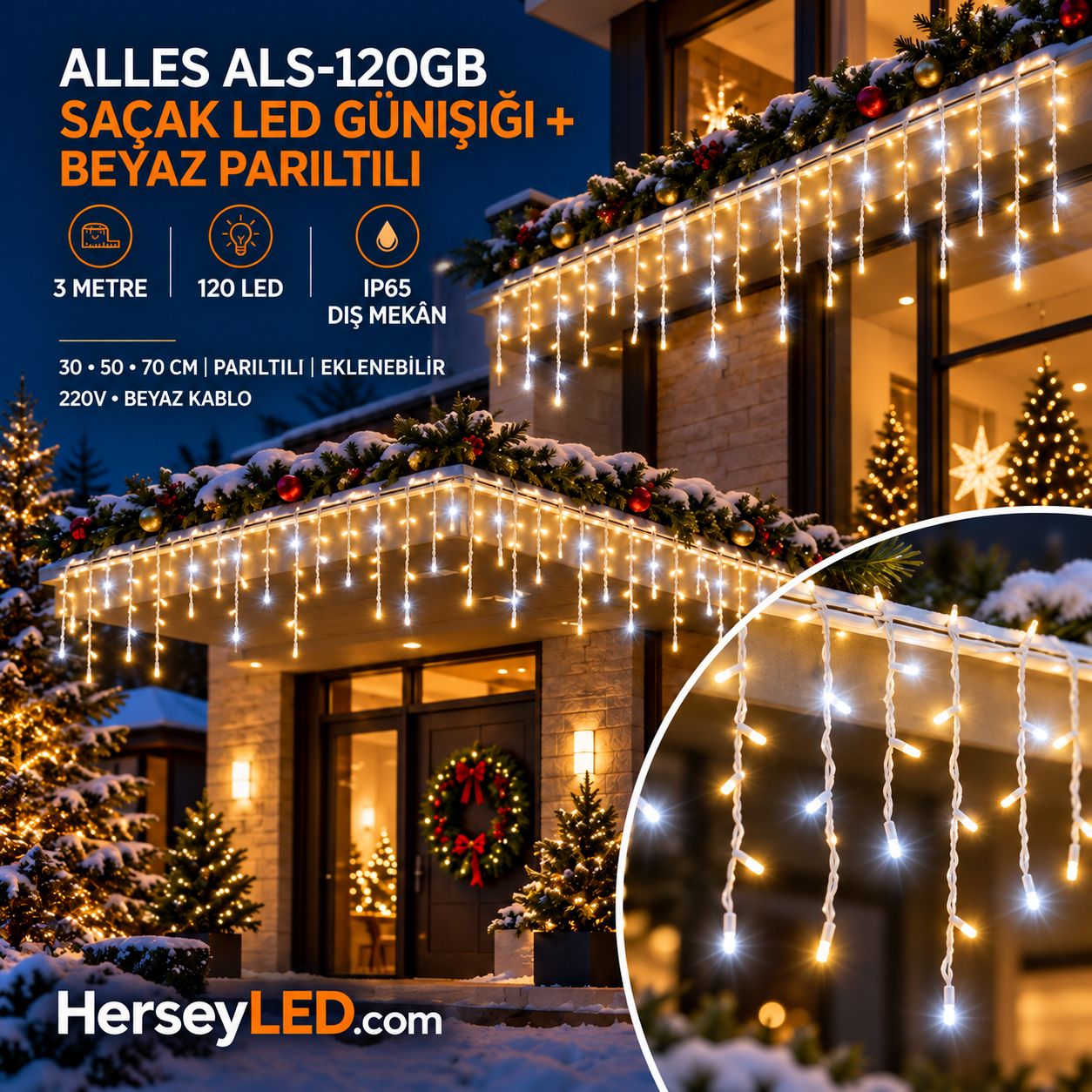 SAÇAK LED GÜN IŞIĞI ( BEYAZ ÇAKARLI  ) DIŞ MEKAN IP65 3 metre genişlik (30-50-70cm saçak uzunlukları ) EKLENEBİLİR 120 LEDLİ BEYAZ KABLOLU YILBAŞI LED IŞIK 220V