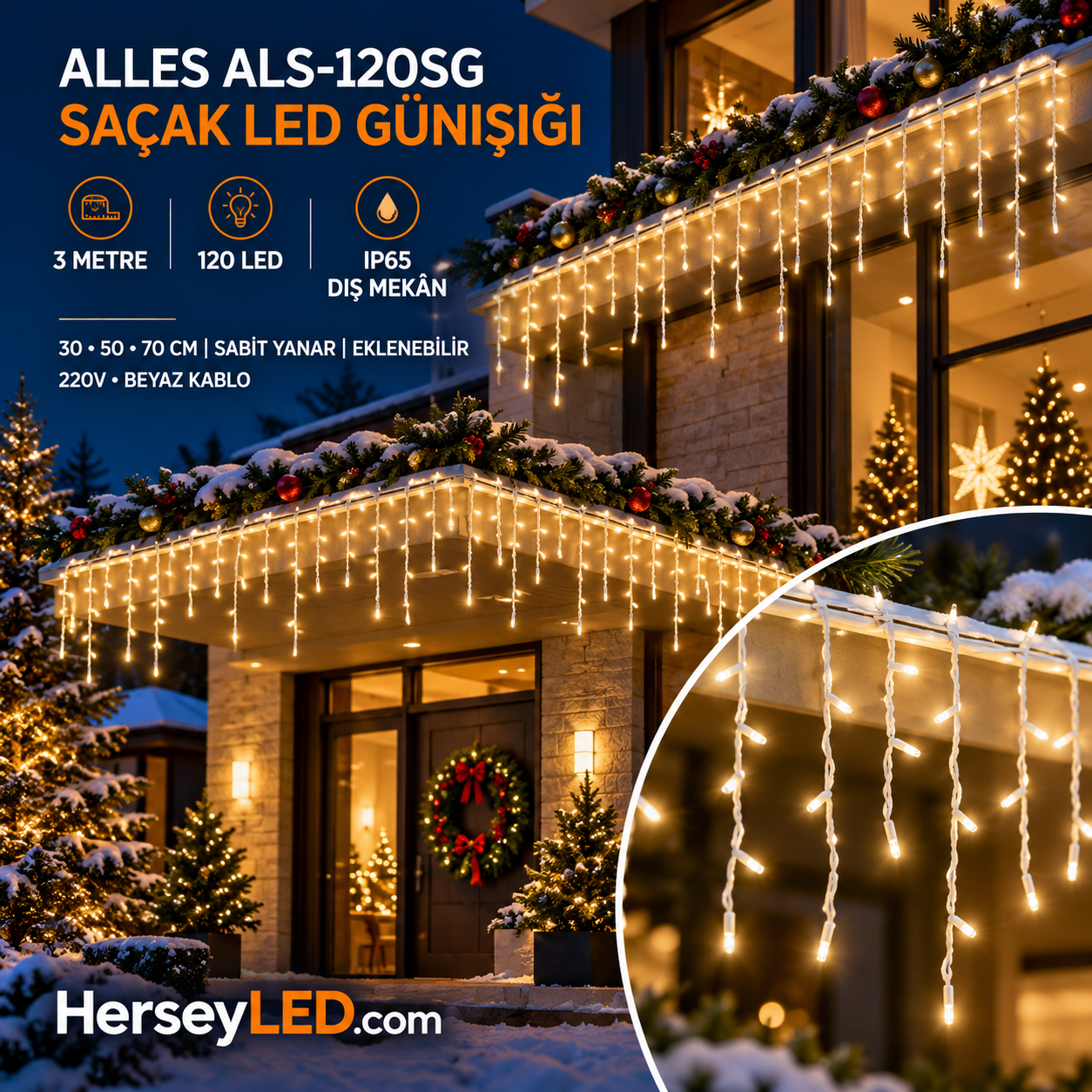 SAÇAK LED GÜN IŞIĞI ( SABİT YANAR ) DIŞ MEKAN IP65 3 metre genişlik (30-50-70cm saçak uzunlukları ) EKLENEBİLİR 120 LEDLİ BEYAZ KABLOLU YILBAŞI LED IŞIK  220V