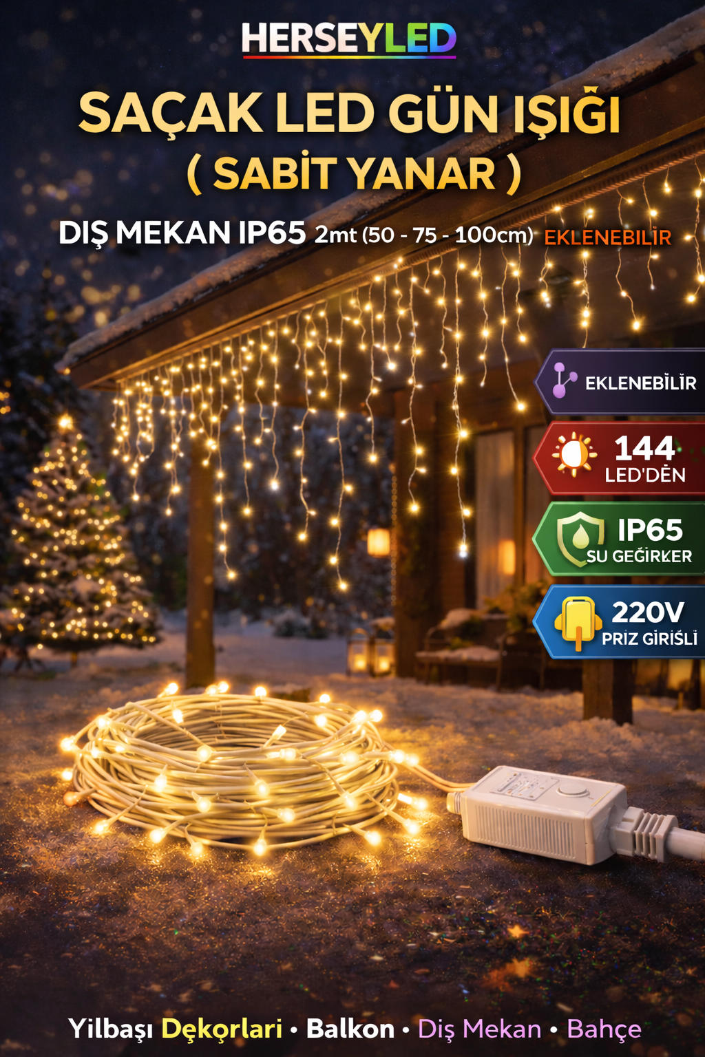 SAÇAK LED GÜN IŞIĞI ( SABİT YANAR ) DIŞ MEKAN IP65 2mt (50 -75-100cm) EKLENEBİLİR 144 LEDLİ BEYAZ KABLOLU YILBAŞI LED IŞIK  220V