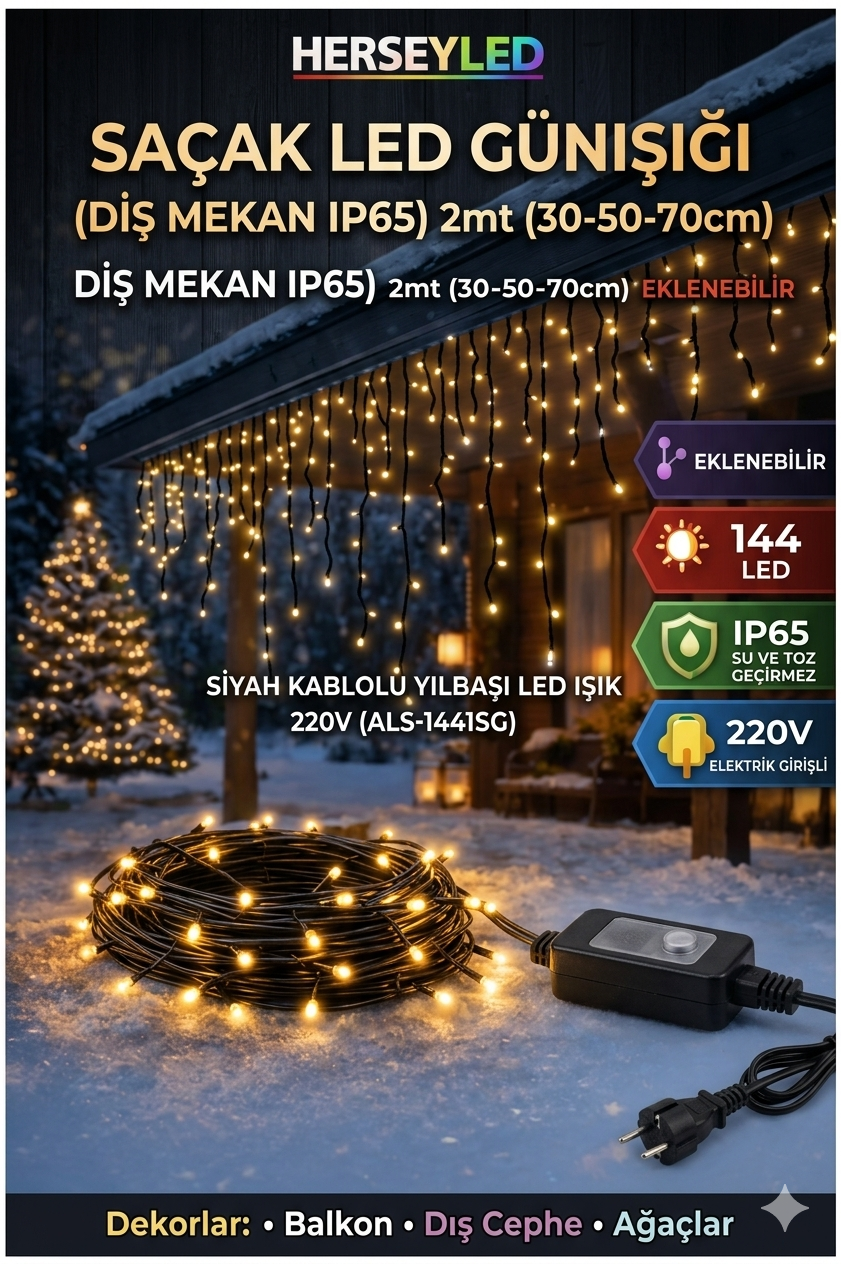 SAÇAK LED GÜNIŞIĞI IŞIK ( SİYAH KABLO)  ( DIŞ MEKAN IP65 ) 2mt ( 30-50-70cm) EKLENEBİLİR SİYAH KABLOLU YILBAŞI LED IŞIK 220V (ALS-1441SG )