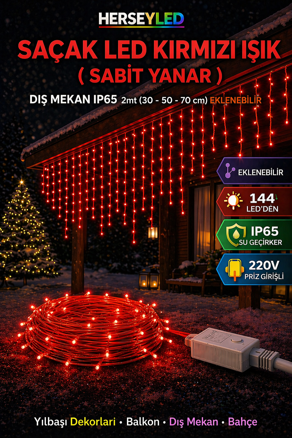 SAÇAK LED KIRMIZI IŞIK  ( SABİT YANAR ) DIŞ MEKAN IP65 2mt (30 -50-70cm) EKLENEBİLİR 144 LEDLİ BEYAZ KABLOLU YILBAŞI LED IŞIK 220V (ALS-1441KS )