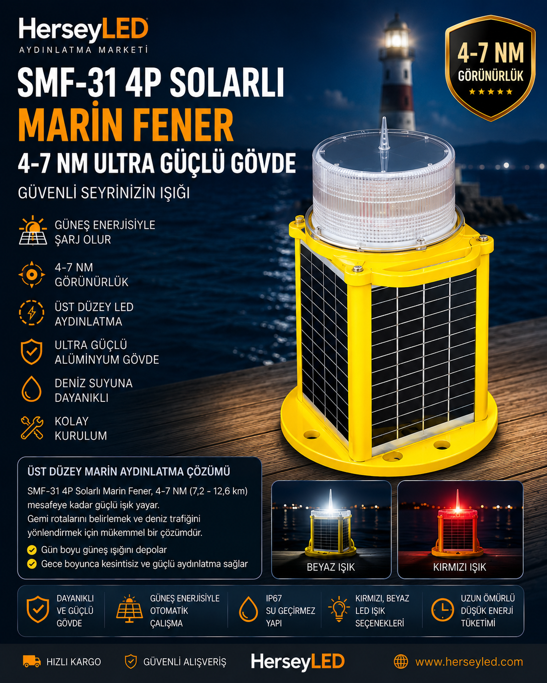 SMF-31 4P SOLARLI MARİN FENER 4-7 NM ULTRA GÜÇLÜ ALİMİNYUM GÖVDE