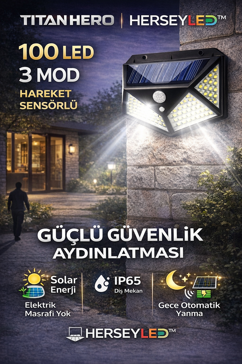 SOLAR LED DUVAR APLİK 100 LEDLİ 3 MODLU TITAN HERO HL-5163