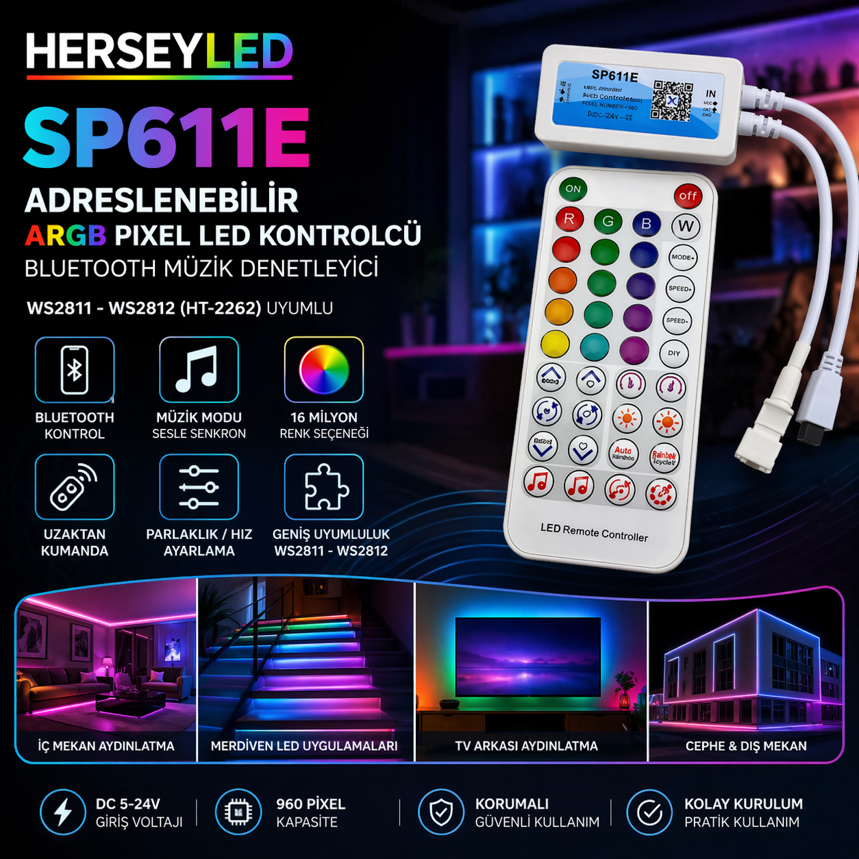 SP611E Adreslenebilir ARGB Pixel Led Kontrolcü Bluetooth Müzik Denetleyicisi WS2811-WS2812