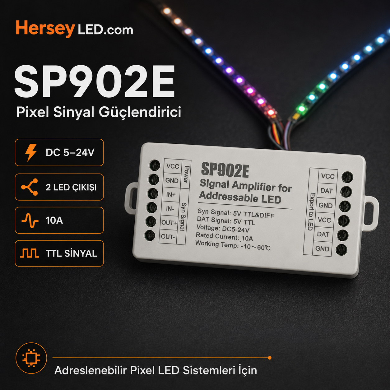 SP902E Pixel Sinyal Güçlendirici 5-24V 10A – 2 Çıkışlı TTL ve RS485 Adreslenebilir LED Amplifikatörü