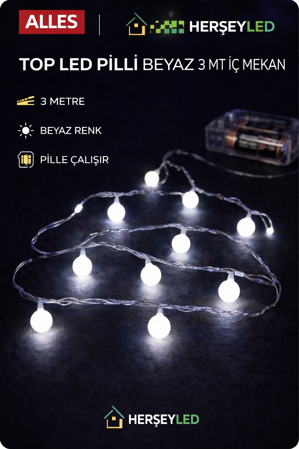 TOP LED PİLLİ BEYAZ 3 MT İÇ MEKAN