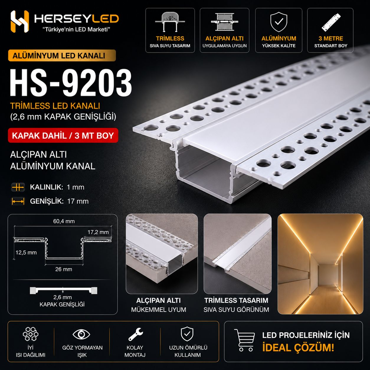 TRİMLESS LED KANALI ( 2,6 mm KAPAK GENİŞLİĞİ ) + KAPAK DAHİL / 3 MT BOY  ALÇIPAN ALTI ALUMİNYUM KANAL ( HS-9203 )