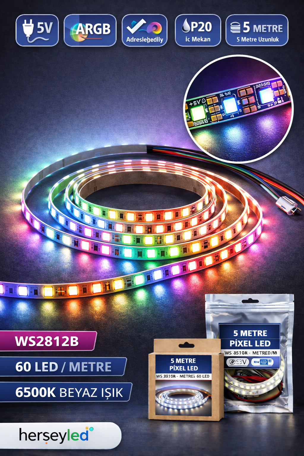 WS2812B 5V ARGB Pixel Şerit LED – Adreslenebilir, IP20, Metrede 60 LED, 5 Metre