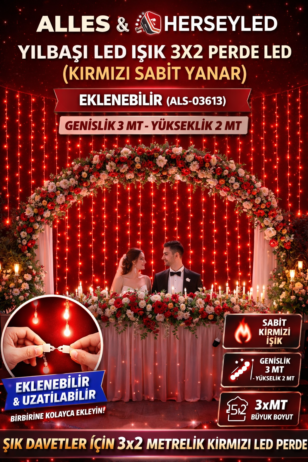 YILBAŞI LED IŞIK 3X2 PERDE LED ( KIRMIZI SABİT YANAR )EKLENEBİLİR
