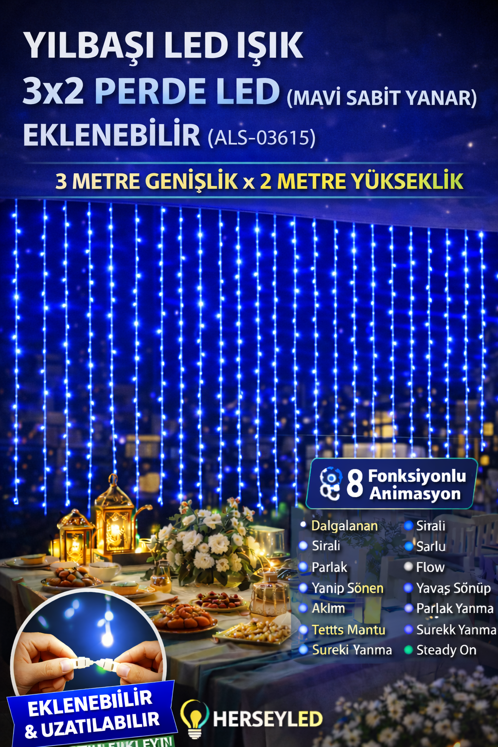 YILBAŞI LED IŞIK 3X2 PERDE LED ( MAVİ SABİT YANAR ) EKLENEBİLİR