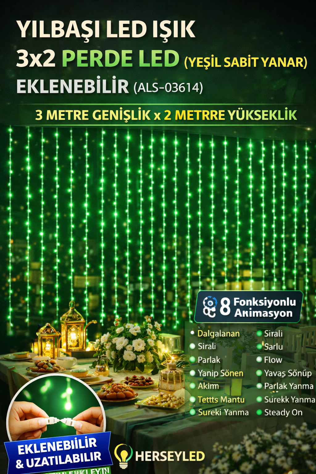 YILBAŞI LED IŞIK 3X2 PERDE LED ( YEŞİL SABİT YANAR ) EKLENEBİLİR