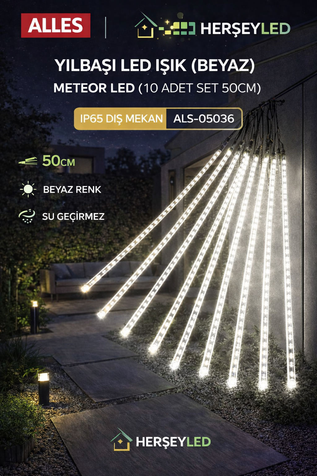 YILBAŞI LED IŞIK ( BEYAZ )METEOR LED ( 10 ADET SET 50CM ) IP65 DIŞ MEKAN