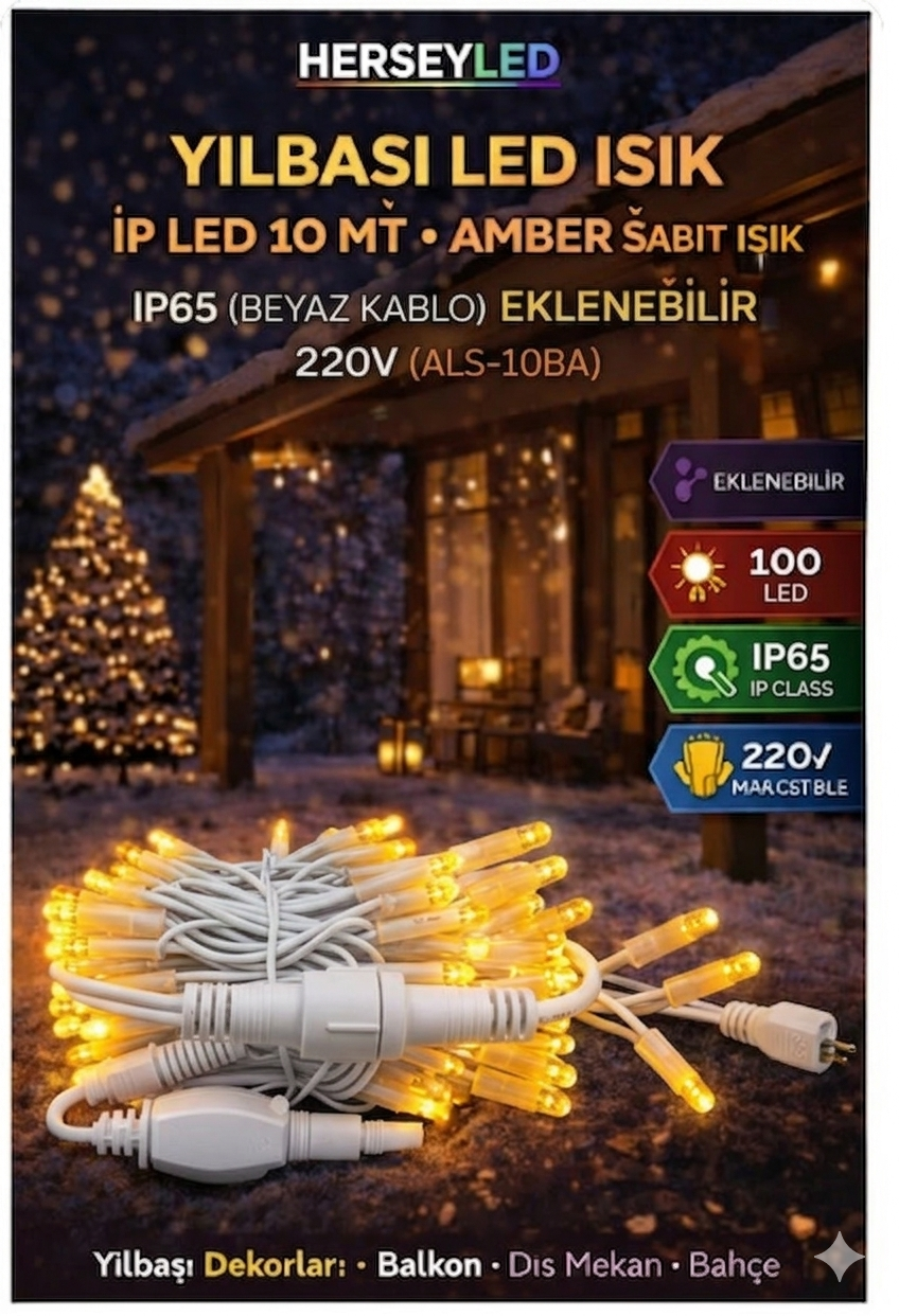 YILBAŞI LED IŞIK İP LED 10 MT AMBER  SABİT IŞIK IP65 ( BEYAZ KABLO ) EKLENEBİLİR 220V (ALS-10BA )