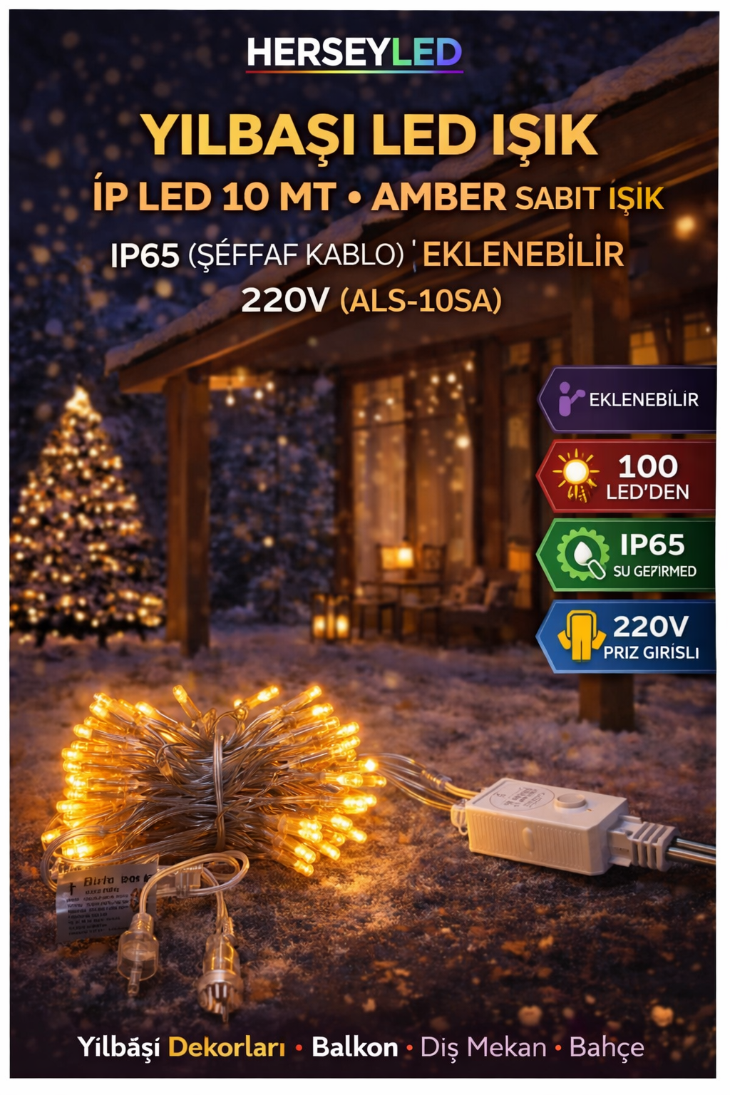 YILBAŞI LED IŞIK İP LED 10 MT AMBER  SABİT IŞIK IP65 (ŞEFFAF KABLO ) EKLENEBİLİR 220V (ALS-10SA )