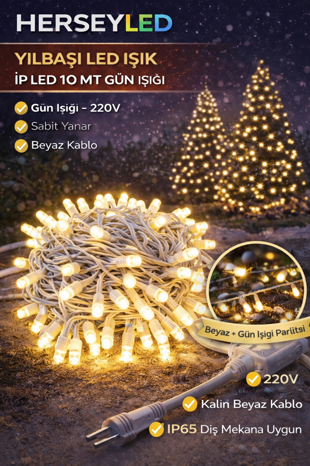YILBAŞI LED IŞIK İP LED 10 MT GÜN IŞIĞI IP65 SABİT YANAR BEYAZ KABLO AL-80 220V
