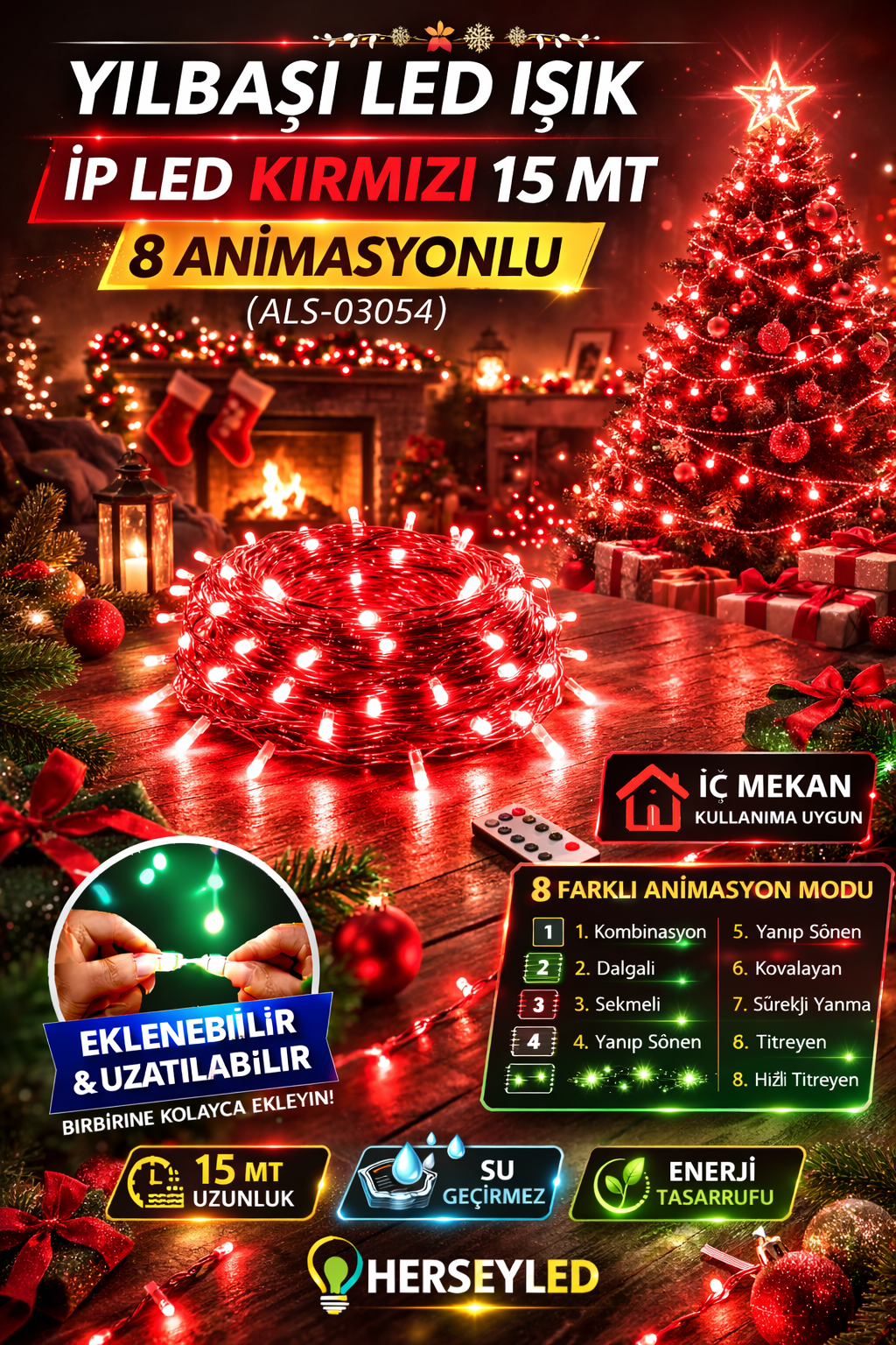 YILBAŞI LED IŞIK İP LED KIRMIZI 15 MT 8 ANIMASYON EKLENEMEZ