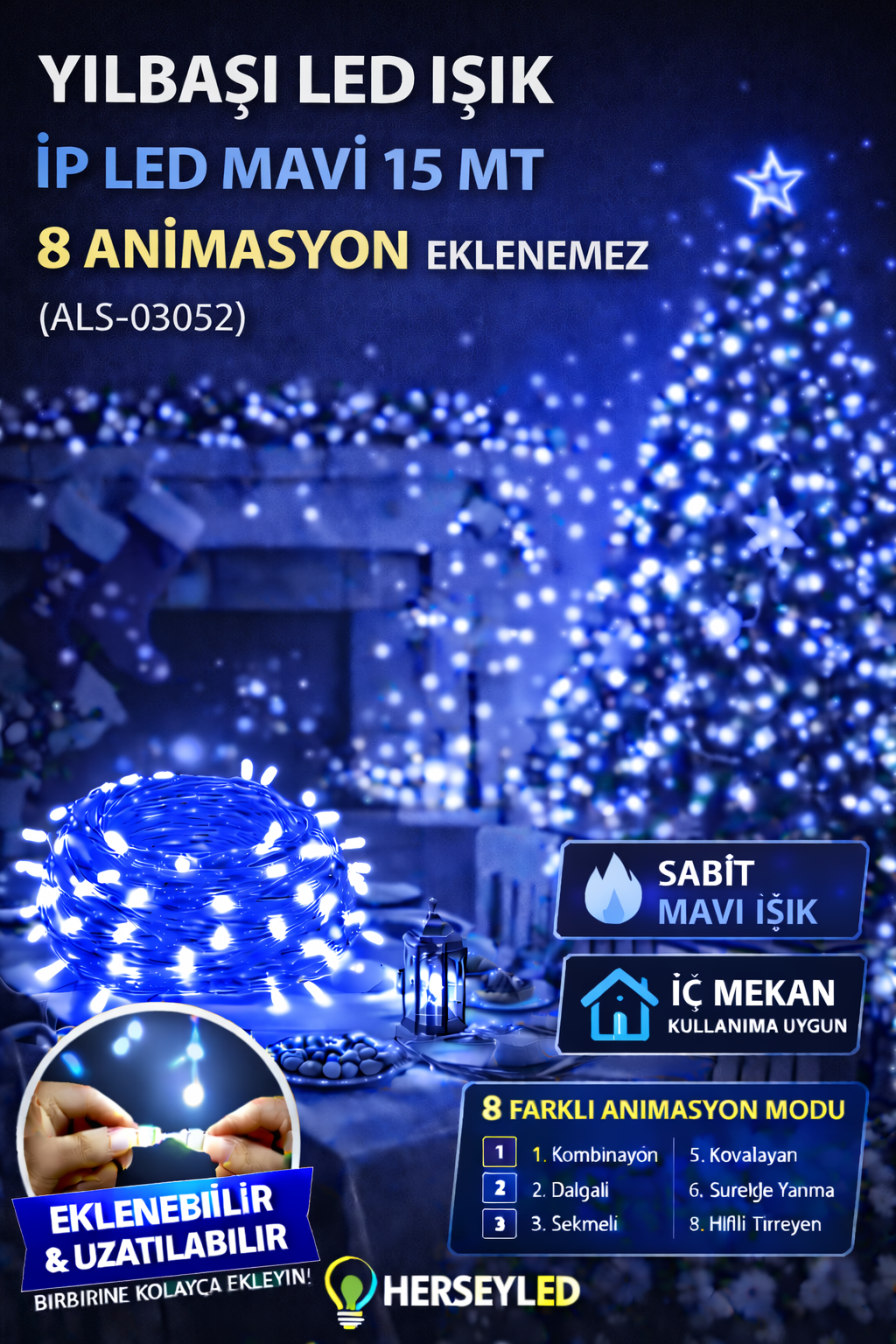 YILBAŞI LED IŞIK İP LED MAVİ 15 MT 8 ANIMASYON EKLENEMEZ