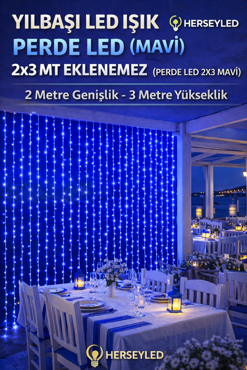 YILBAŞI LED IŞIK PERDE LED ( MAVİ ) 2X3 MT EKLENEMEZ
