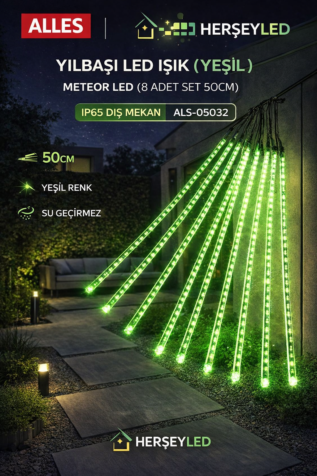 YILBAŞI LED IŞIK ( YEŞİL )METEOR LED ( 8 ADET SET 50CM ) IP65 DIŞ MEKAN