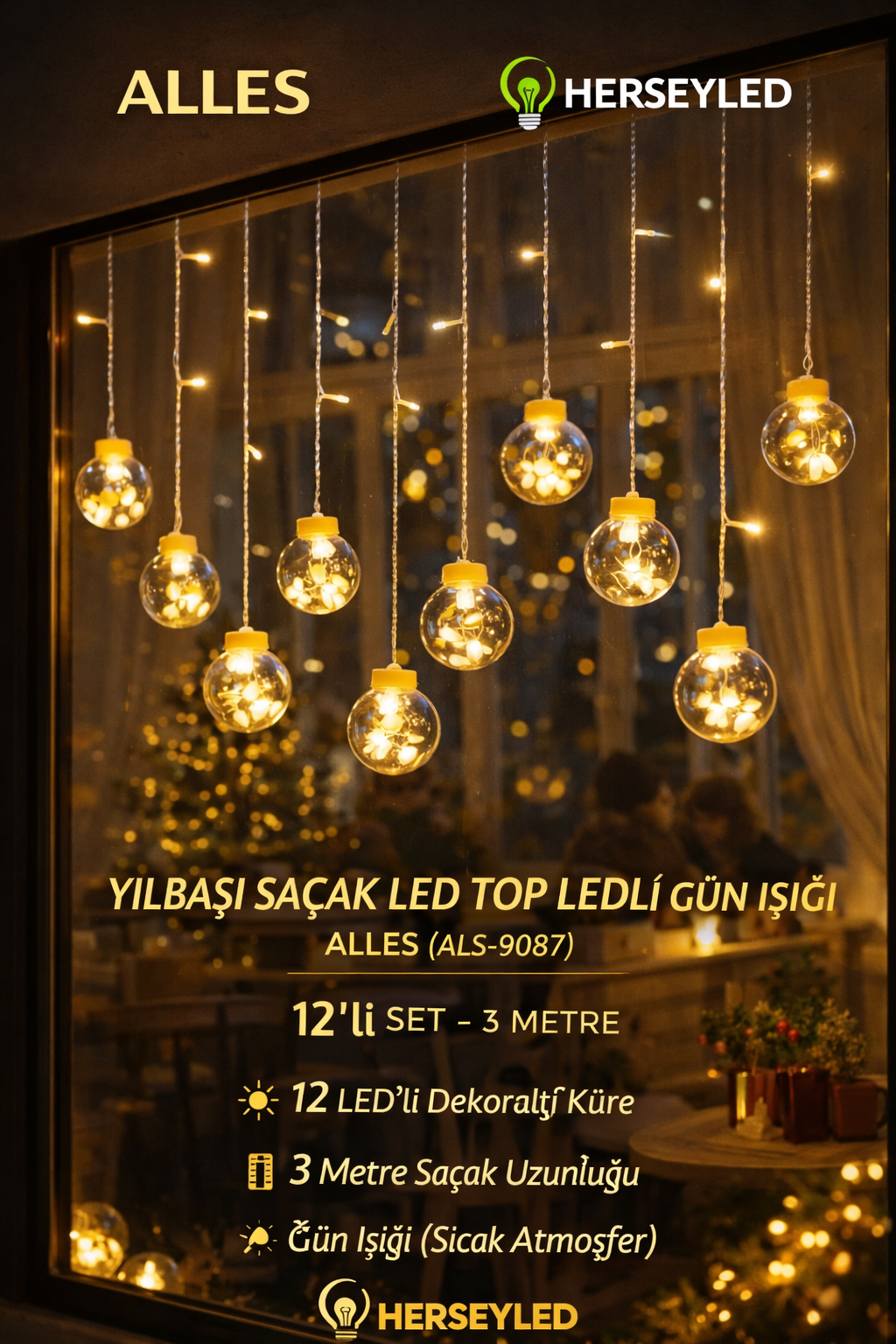 YILBAŞI SAÇAK LED TOP LEDLİ GÜN IŞIĞI 12Lİ SET 3 MT