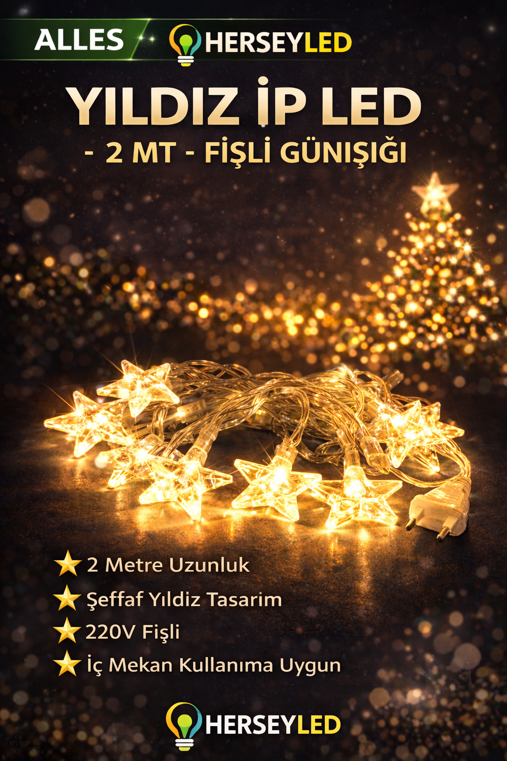 YILDIZLI İP LED 2 METRE FİŞLİ GÜNIŞIĞI