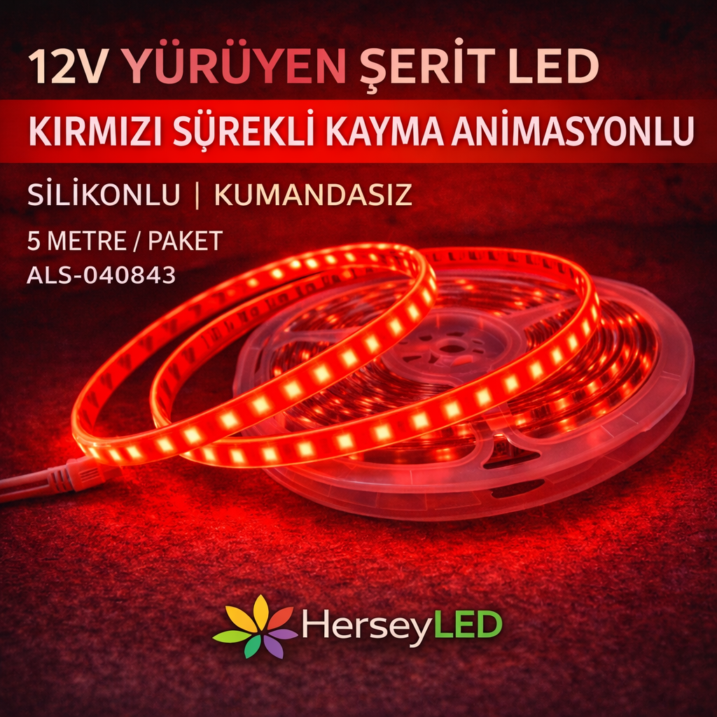 YÜRÜYEN ŞERİT LED KIRMIZI SİLİKONLU 5 METRE