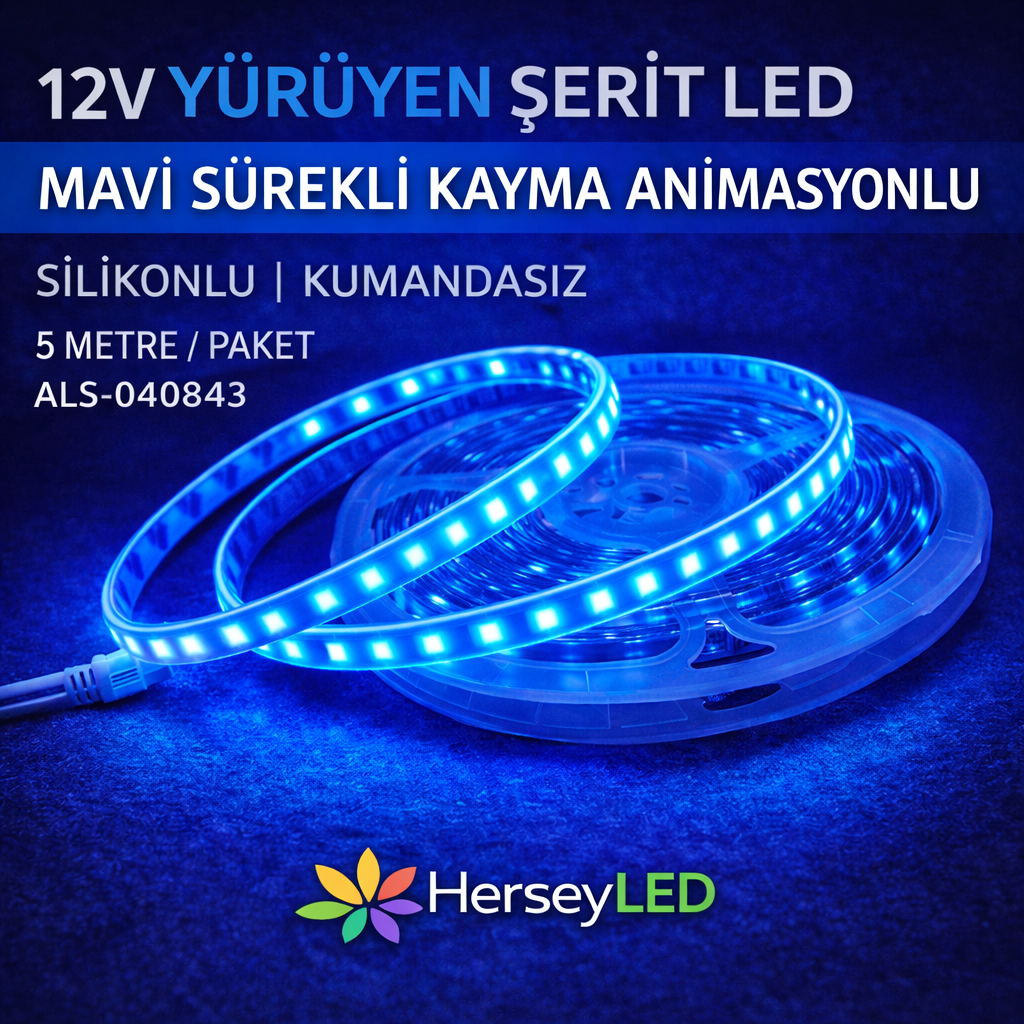 YÜRÜYEN ŞERİT LED MAVİ SİLİKONLU 5 METRE