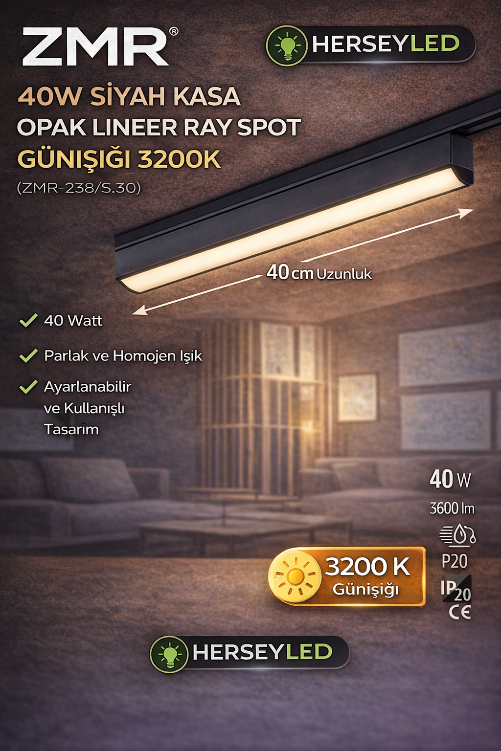 ZMR 40W SİYAH KASA OPAK LINEER RAY SPOT GÜNIŞIĞI 3200K
