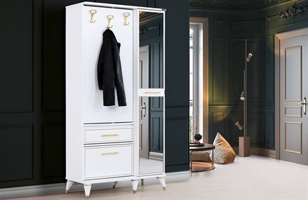 Ayakkabılık Aynalı Portmanto Parlak Beyaz OR-5012