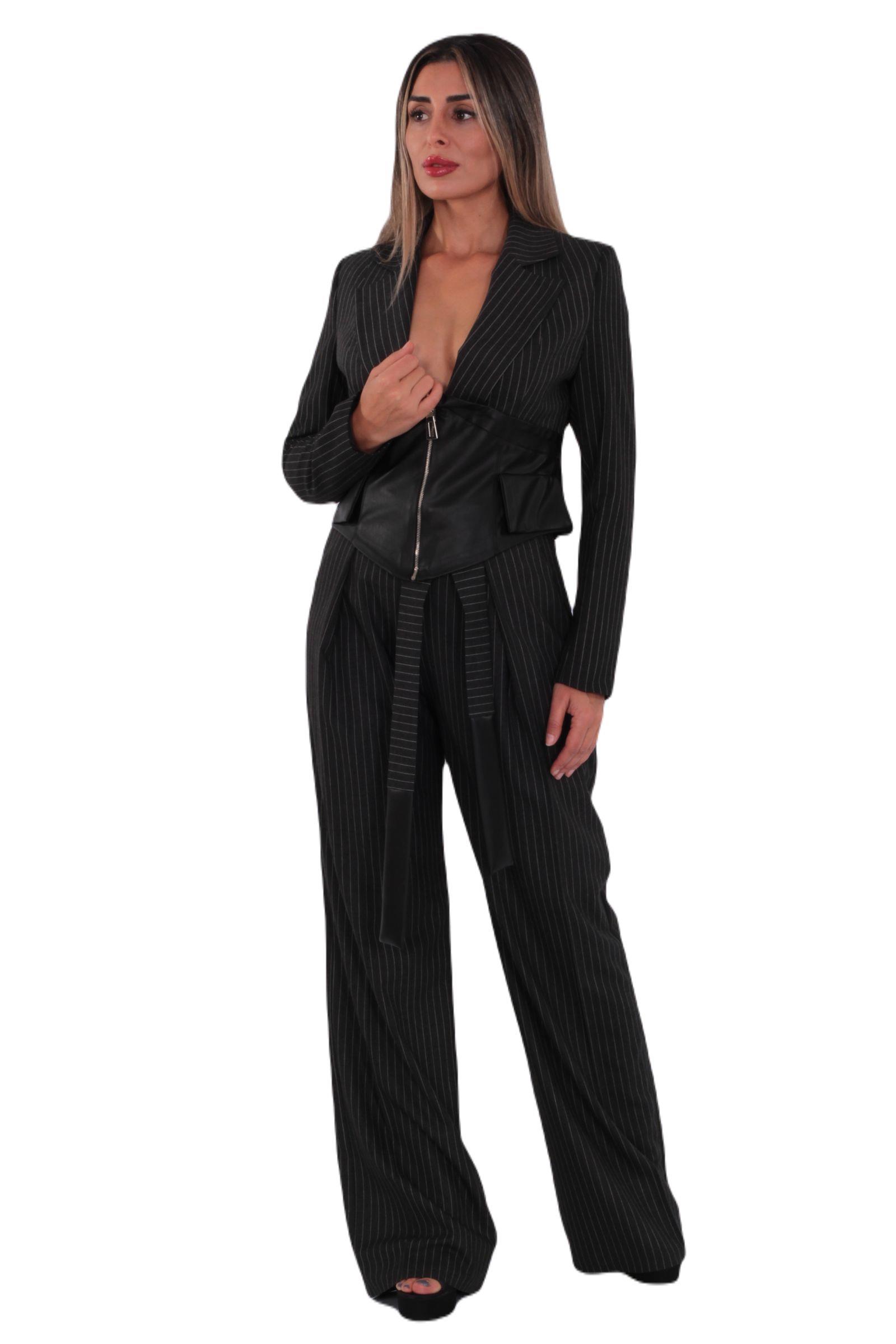 Antrasit Belden Bağlamalı Boyuna Çizgili Kadın Pantolon - askingoksu.com