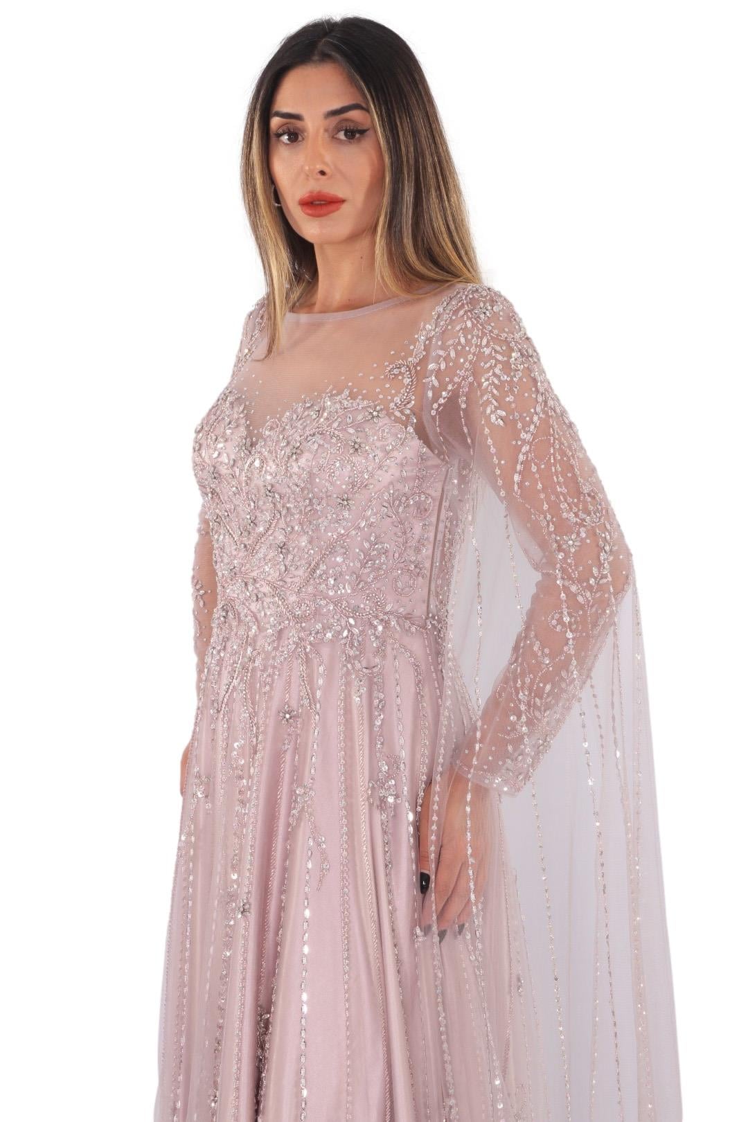 Pembe Komple El İşi Kasnak Boncuk İşlemeli İthal Uzun Kadın Abiye - askingoksu.com