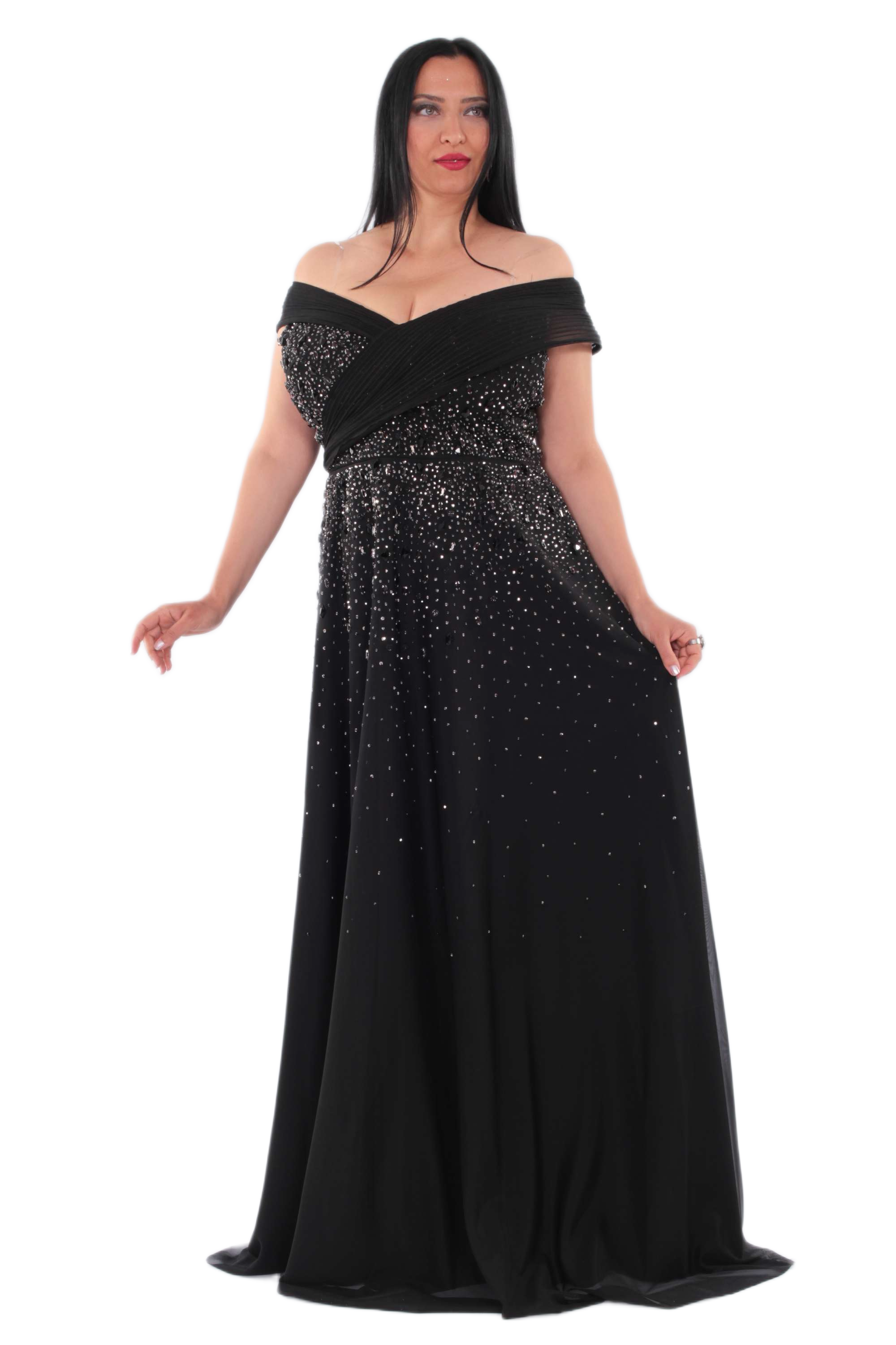 Siyah Kayık Yaka Düşük Drape Kollu Beden Boncuk İşlemeli Kadın Abiye - askingoksu.com