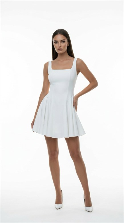 Ekru Kare Yaka Kalın Askılı Krep Kısa Kadın Kısa Abiye - askingoksu.com