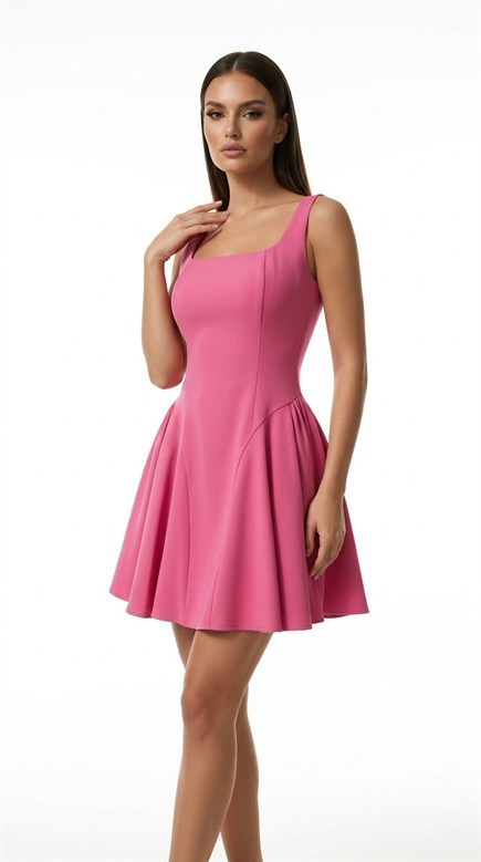 Fuşya Kare Yaka Kalın Askılı Krep Kısa Kadın Kısa Abiye - askingoksu.com