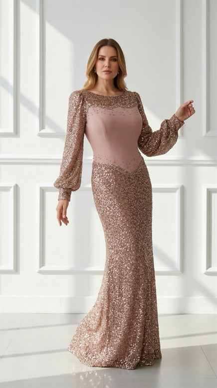 Gül Kurusu Büstiyer Krep Etek Payet Boncuk İşlemeli Büyük Beden Uzun Kadın Abiye - askingoksu.com