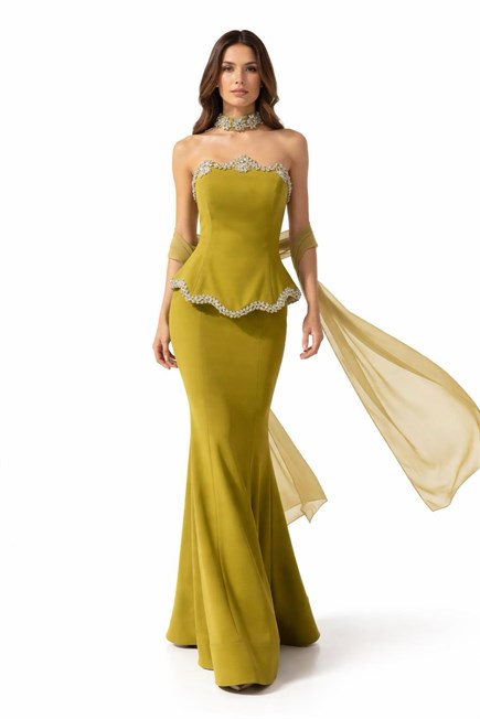 Hardal Boyundan Bağlamalı Büstiyer İşlemeli Krep Uzun Kadın Abiye - askingoksu.com