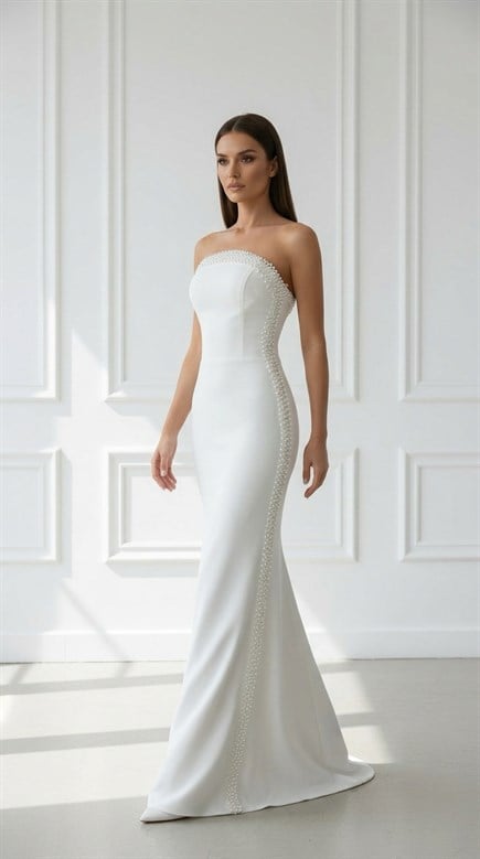 Krem Straplez Yaka İnci İşlemeli Krep Balık Kadın Abiye - askingoksu.com