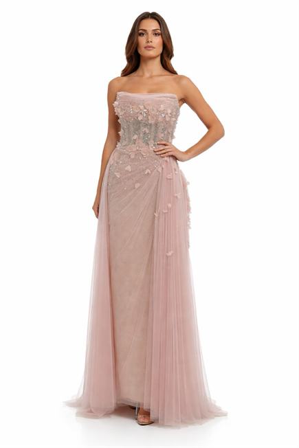 Pudra çiçek aplikeli taş işlemeli tül detaylı uzun Kadın Abiye - askingoksu.com