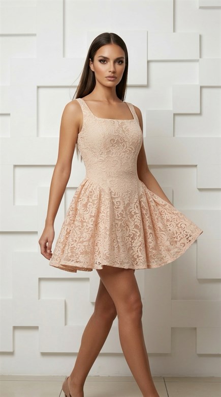 Pudra Kare Yaka Kalın Askılı Dantel Kısa Kadın Kısa Abiye - askingoksu.com