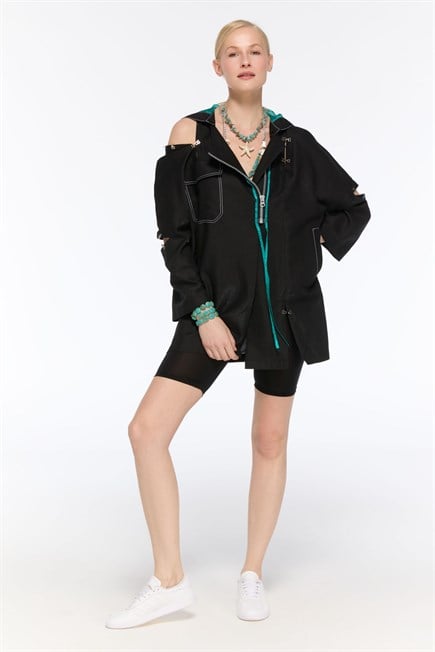 Siyah Deponte Kapişonlu Cepli Dirsekten Açık Uzun Kadın Yelek - askingoksu.com