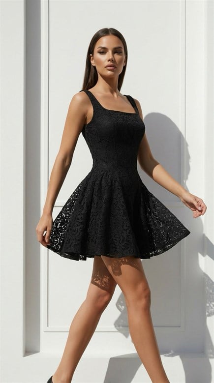 Siyah Kare Yaka Kalın Askılı Dantel Kısa Kadın Kısa Abiye - askingoksu.com