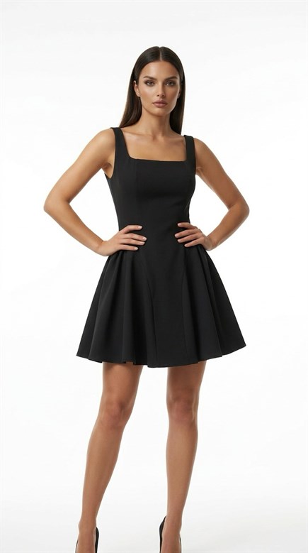 Siyah Kare Yaka Kalın Askılı Krep Kısa Kadın Kısa Abiye - askingoksu.com