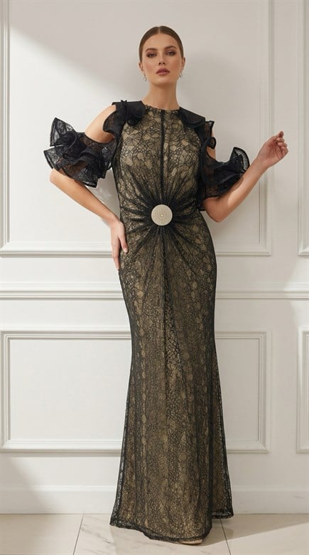 Siyah Yüzücü Yaka Taş İşlemeli Dantel Büyük Beden Kadın Abiye - askingoksu.com