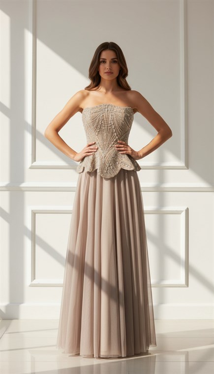 Vizon Straplez Beden İşlemeli Şifon Uzun Kadın Abiye - askingoksu.com