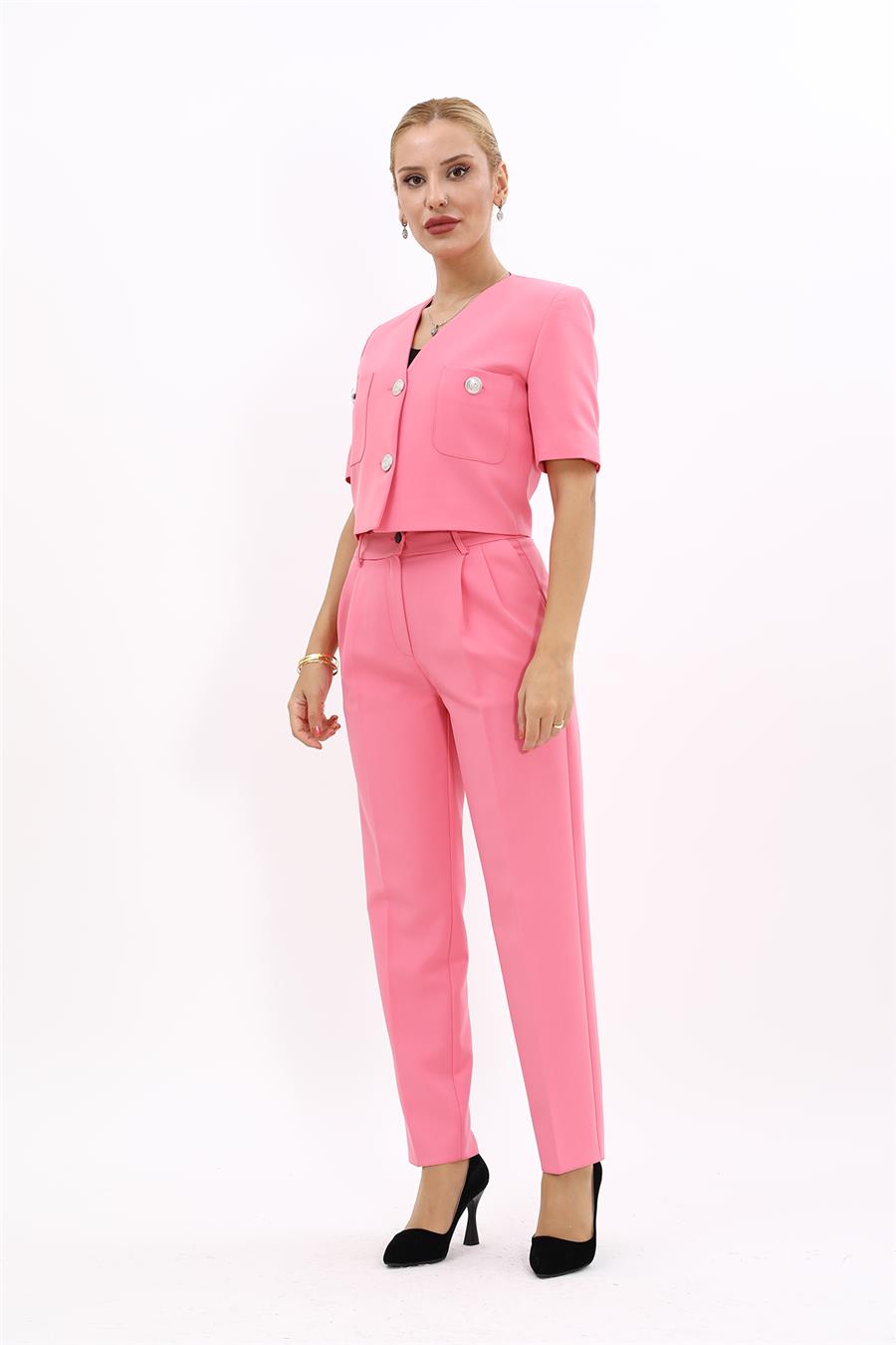  Kısa Kollu Yakasız Mini Ceket & Pileli  Boru Paça Pantolon Takım-Pembe