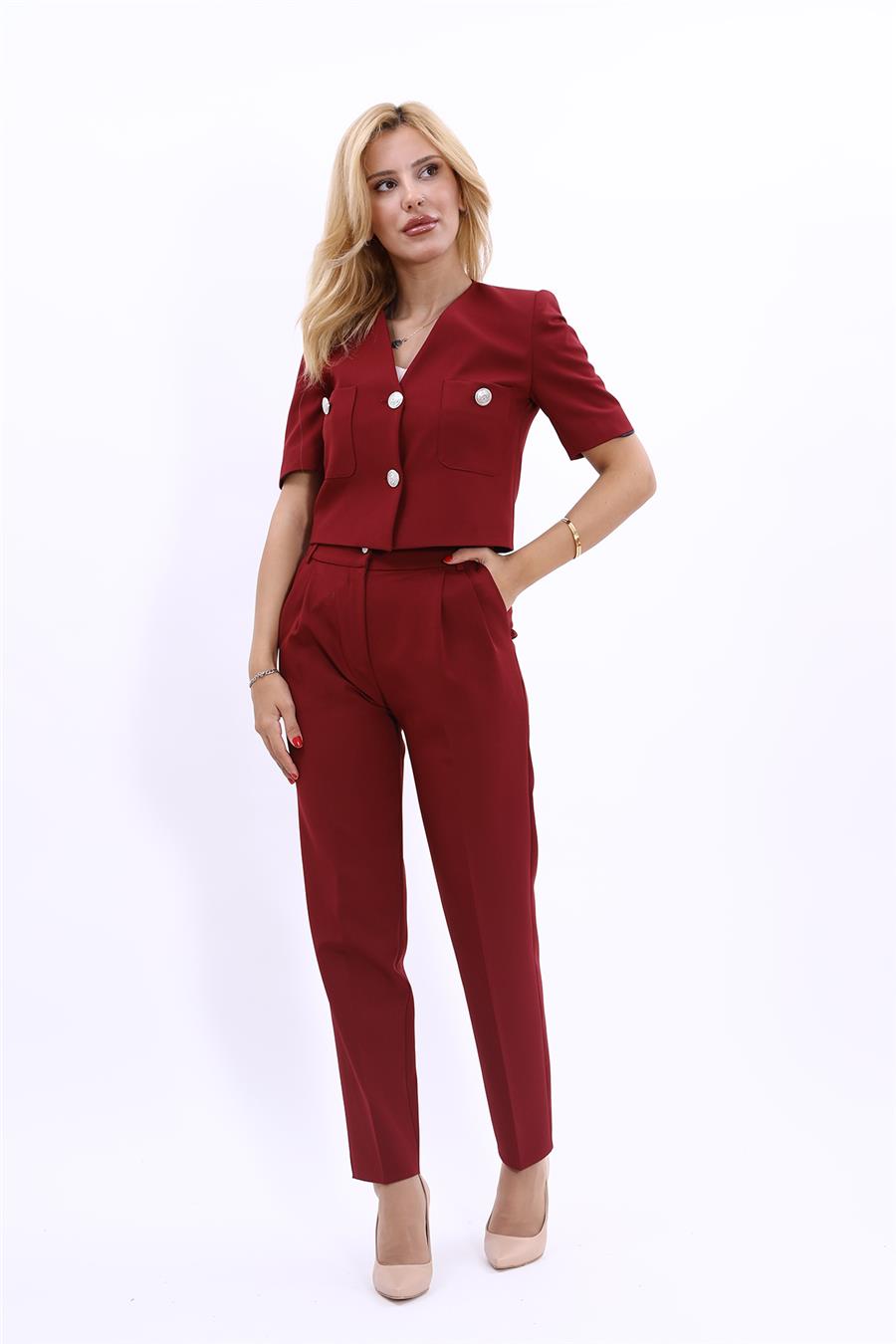  Kısa Kollu Yakasız Mini Ceket & Pileli  Boru Paça Pantolon Takım-Bordo