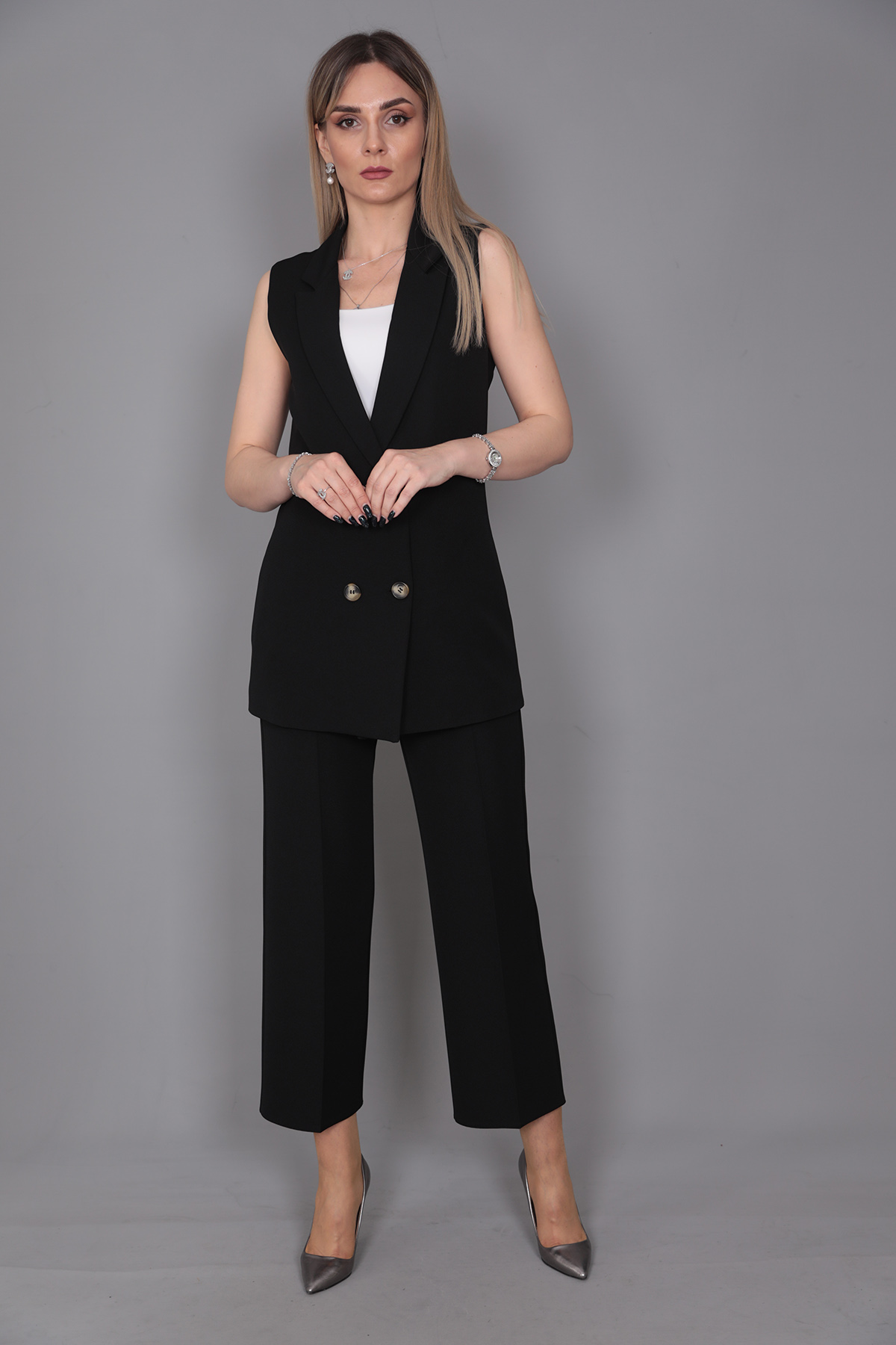  Midi Boy Klasik Yelek & Kısa Bol Paça Pantolon-Siyah