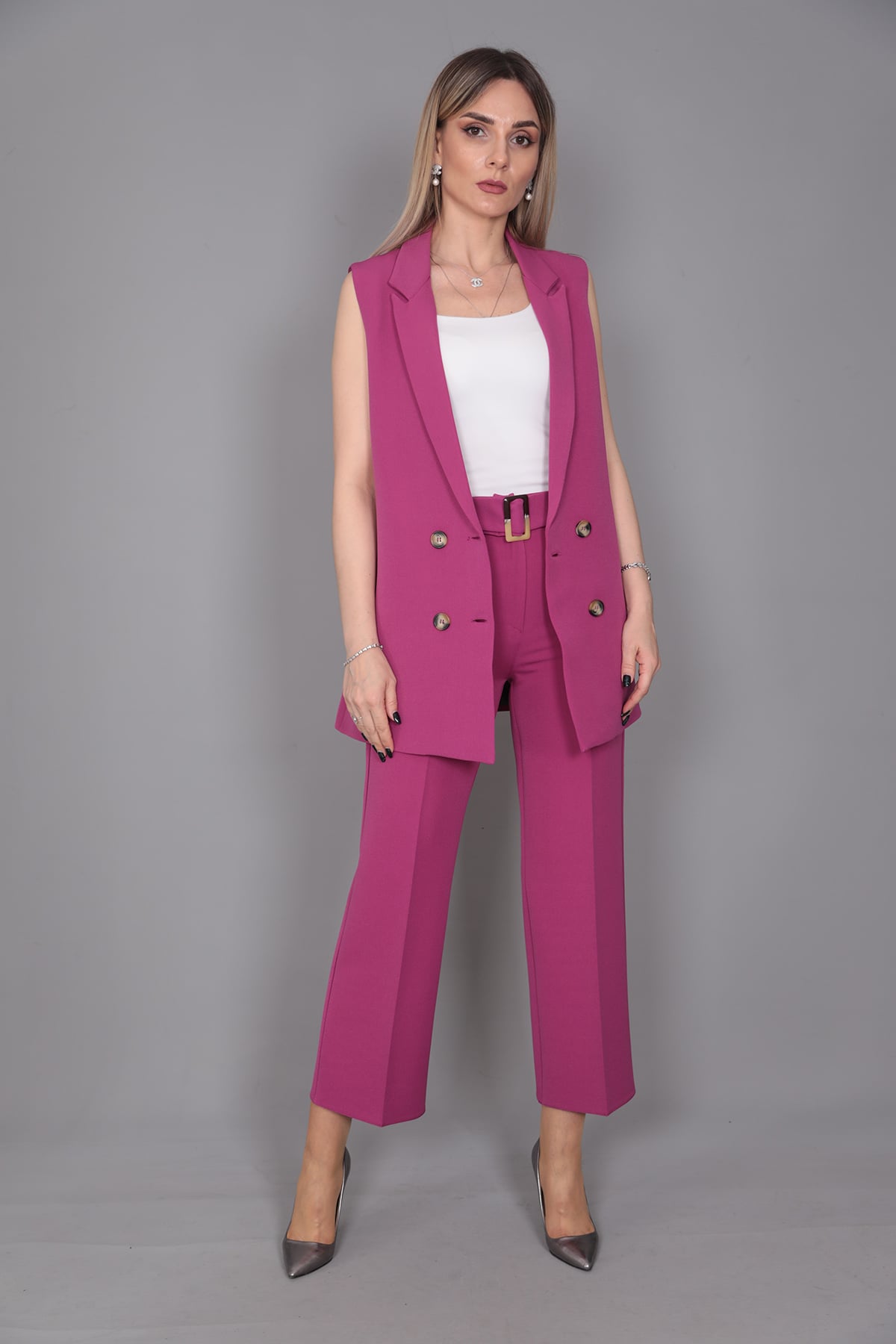  Midi Boy Klasik Yelek & Kısa Bol Paça Pantolon-Fuşya