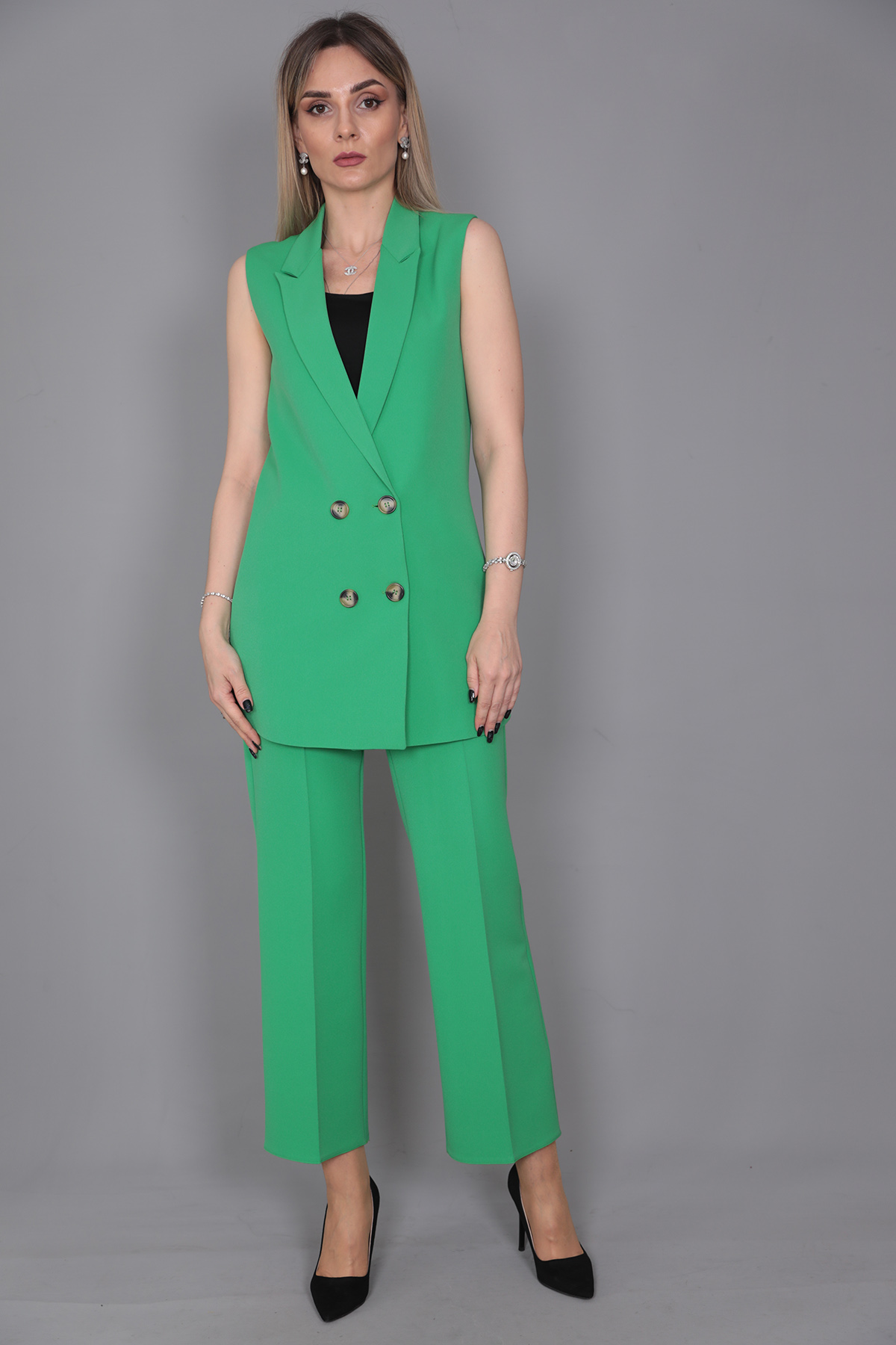  Midi Boy Klasik Yelek & Kısa Bol Paça Pantolon-Yeşil